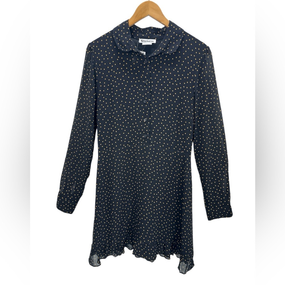 Reformation Monti Black Gold Polka Dot Long Sleeve Mini Dress Cutout Back 10 NWT